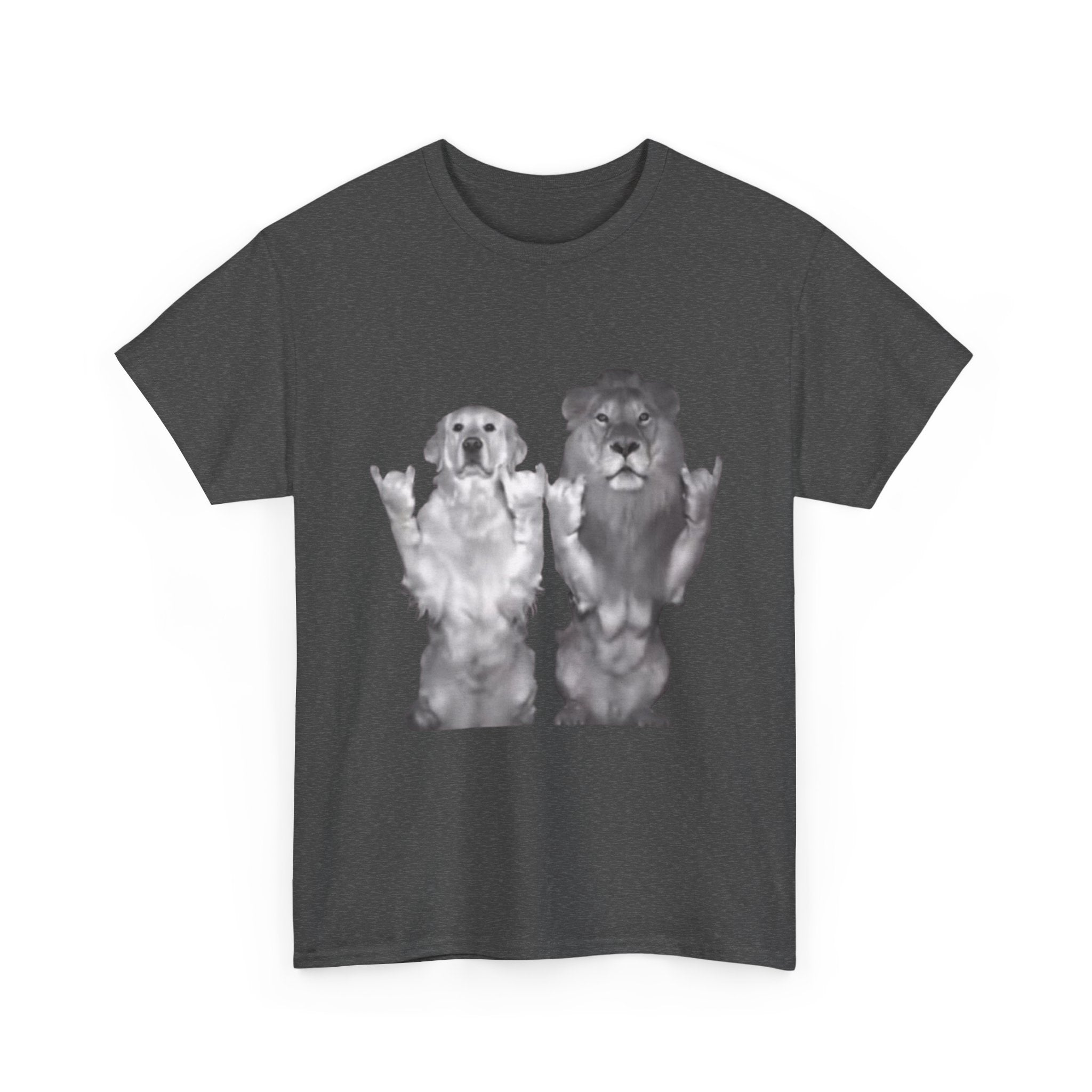 Dog and Lion Rock On T-Shirt — Funny Pet & Wildlife Graphic Tee