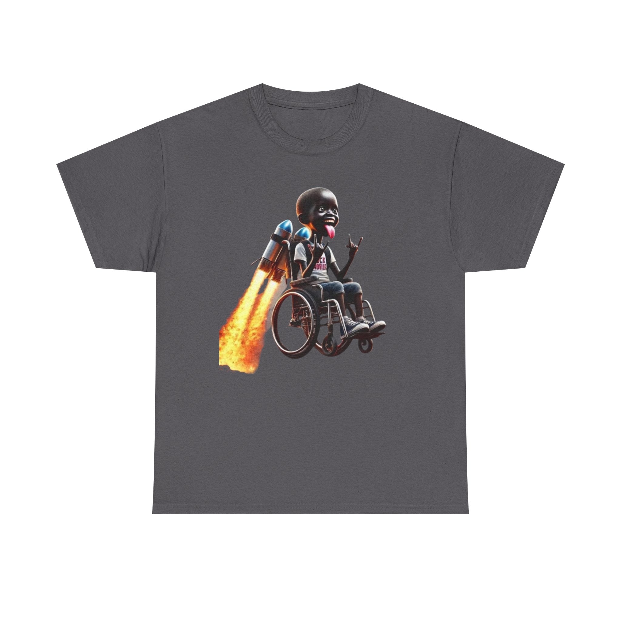 Rocket Wheelchair T‑Shirt — Brave Astronaut Skeleton in Wheelchair Graphic Tee