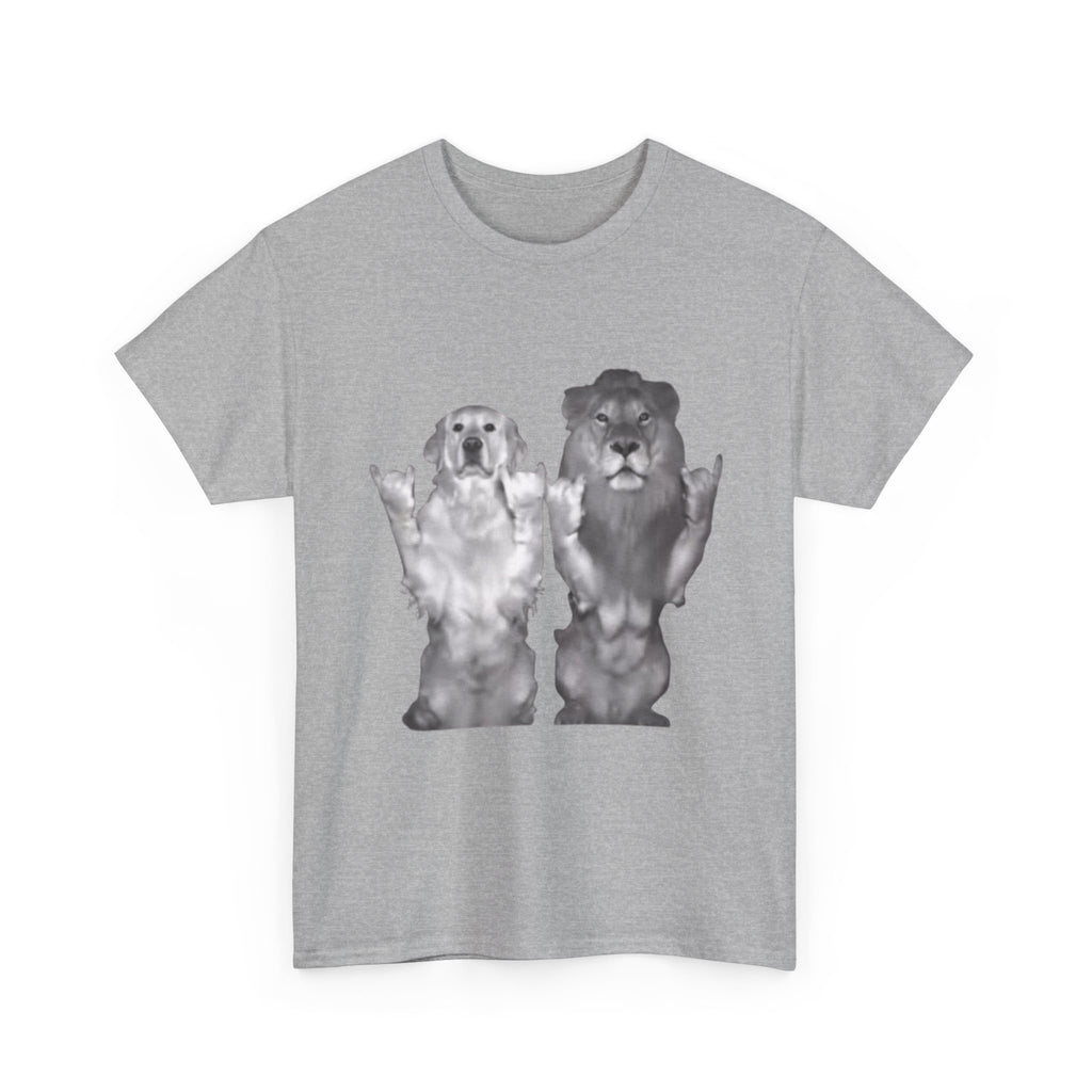 Dog and Lion Rock On T-Shirt — Funny Pet & Wildlife Graphic Tee