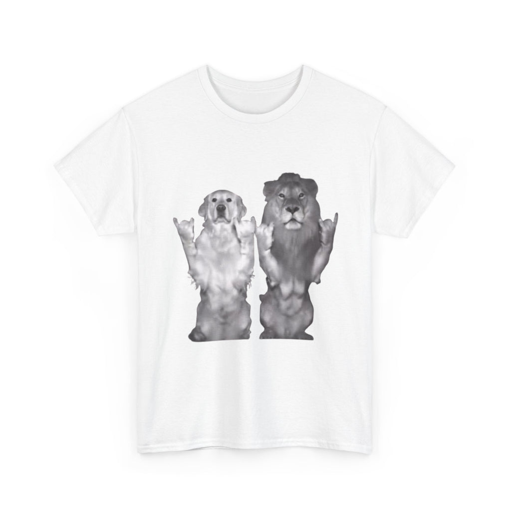 Dog and Lion Rock On T-Shirt — Funny Pet & Wildlife Graphic Tee