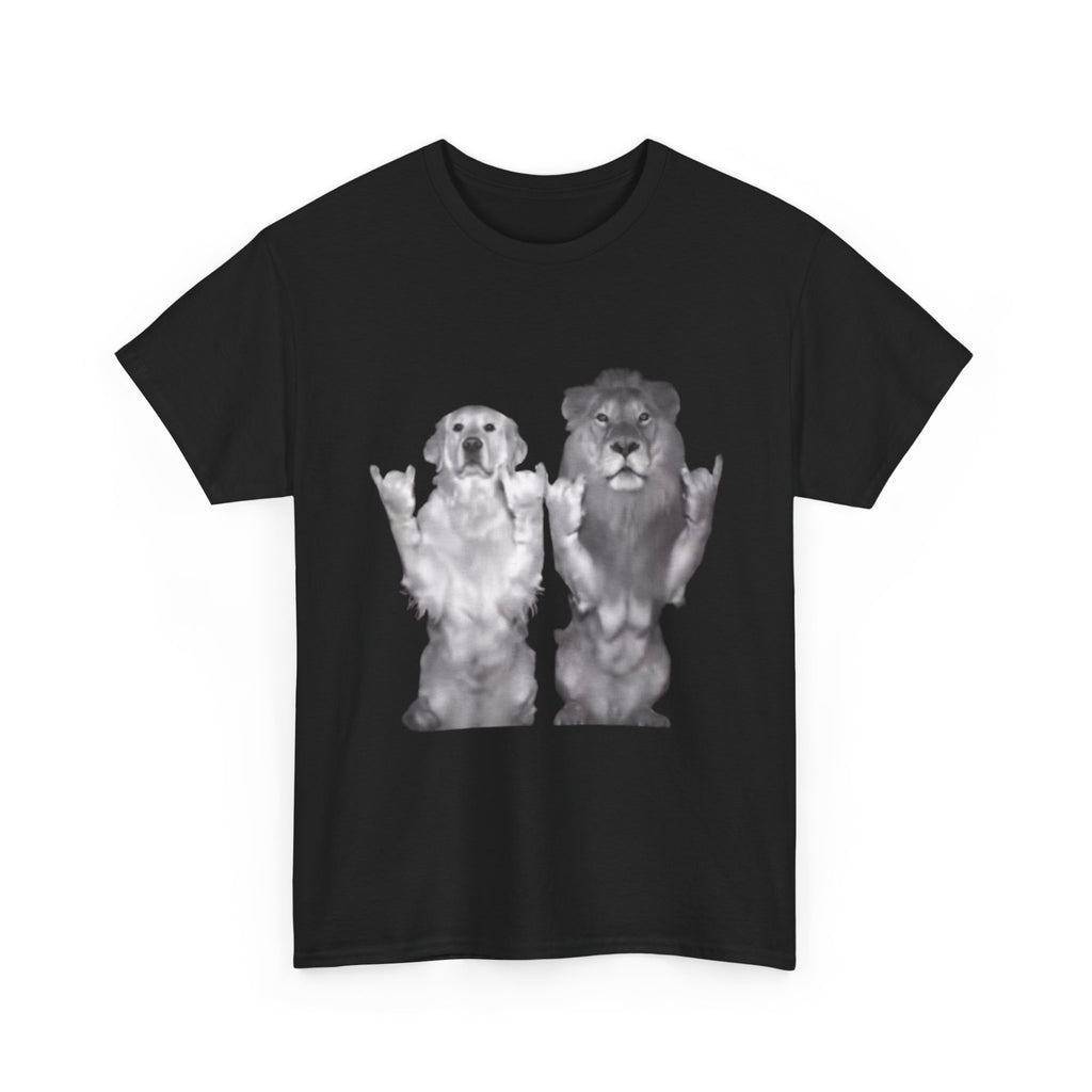Dog and Lion Rock On T-Shirt — Funny Pet & Wildlife Graphic Tee